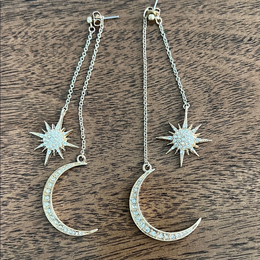 Gold Crescent Moon and Star Dangle Earrings
